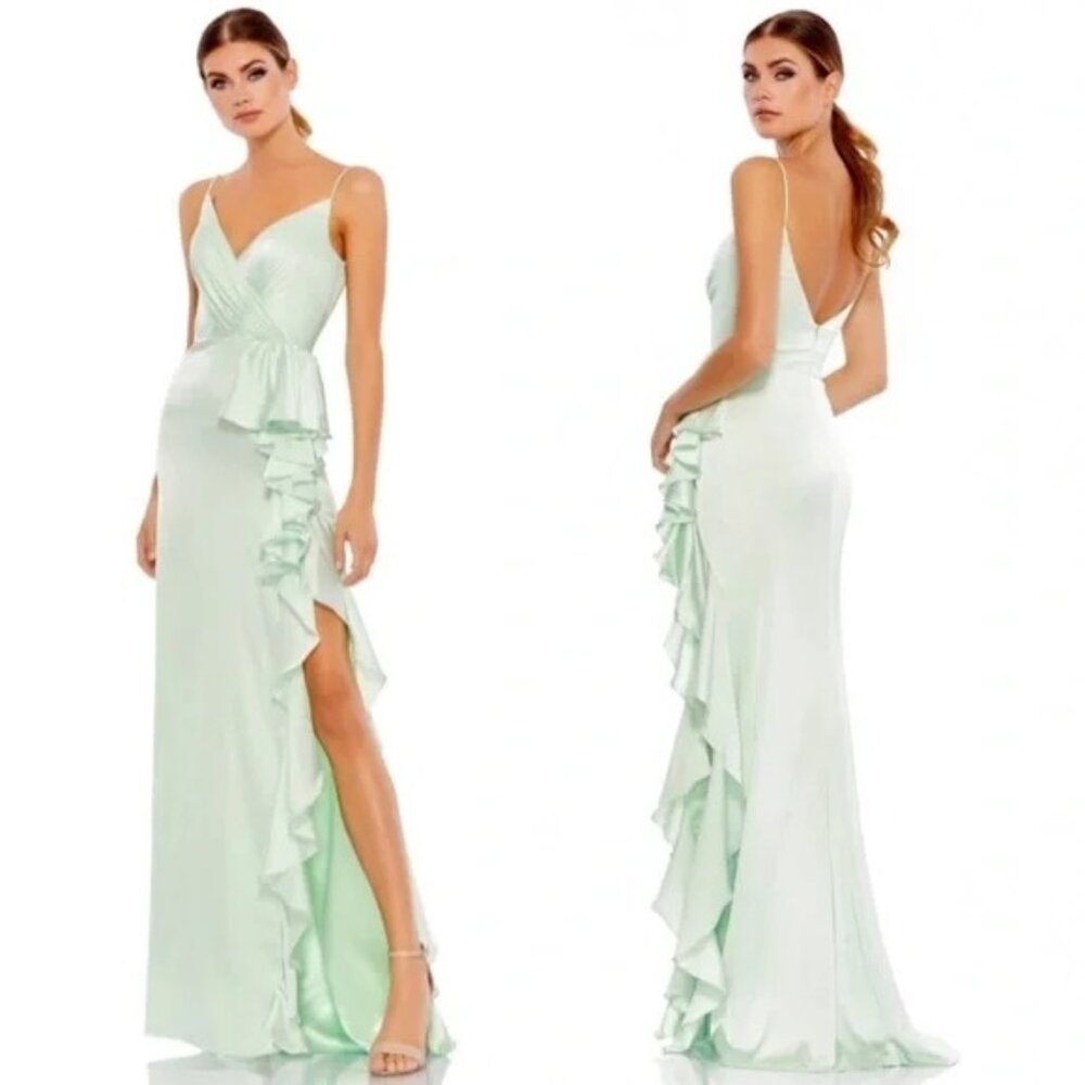 Mac Duggal 67815 Satin Ruffled Asymmetrical Gown Maxi Dress Pistachio Sz. 10 Nwt